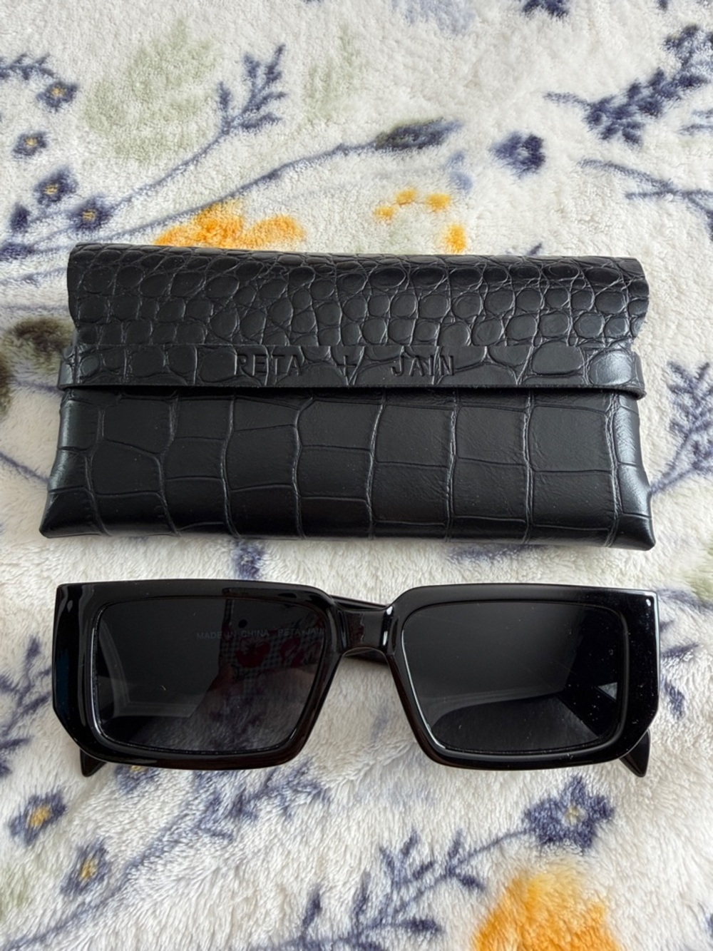 Peta + Jain Evans Black Rectangle Sunglasses w/ Case